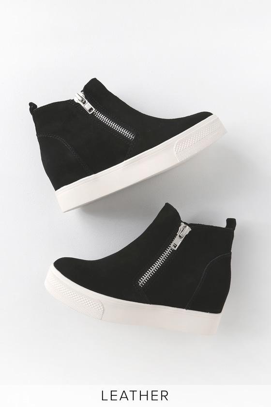 NO_description: Lulus | Wedgie Black Suede Leather Hidden Wedge Sneakers | Size 10 | Rubber Sole